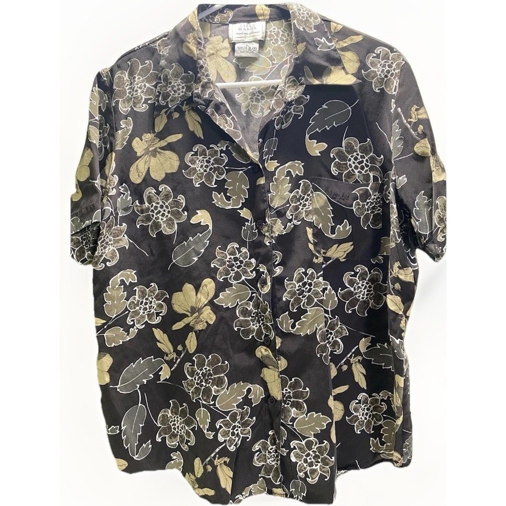 Field Manor Modern Classics Womens XL Brown Floral 100% Silk Button Down‎ Shirt